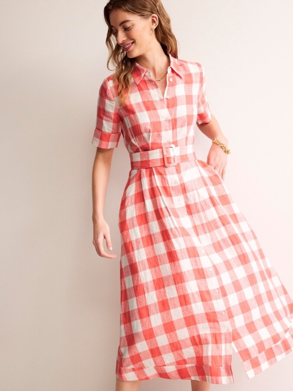 Boden Linen Coral and White Gingham Belted Midi Shirt Dress